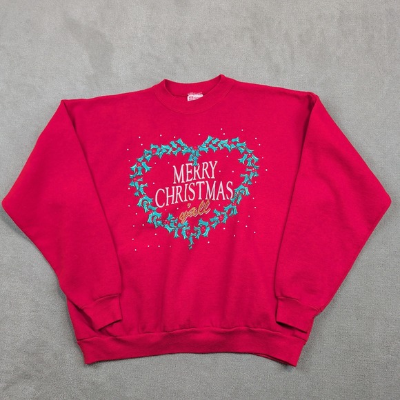 Hanes Vintage Merry Christmas Y'all Sweatshirt XL Red Heart Holly Graphic Retro — photo 2